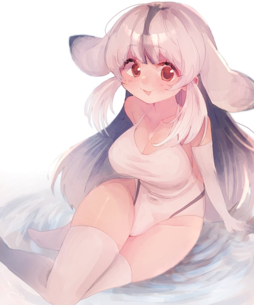 1girl, :3, bare_shoulders, bearded_seal_(kemono_friends), blush, elbow_gloves, fins, gloves, gradient_thighhighs, grey_hair, grey_thighhighs, hair_between_eyes, head_fins, highres, kemono_friends, kemono_friends_3, long_hair, multic, one-piece_swimsuit, open_mouth, red_eyes, seal_girl, seki_mhsk, sidelocks, sitting, sleeveless, smile, solo, swimsuit, thighhighs, white_gloves, white_hair, white_one-piece_swimsuit, white_thighhighs
