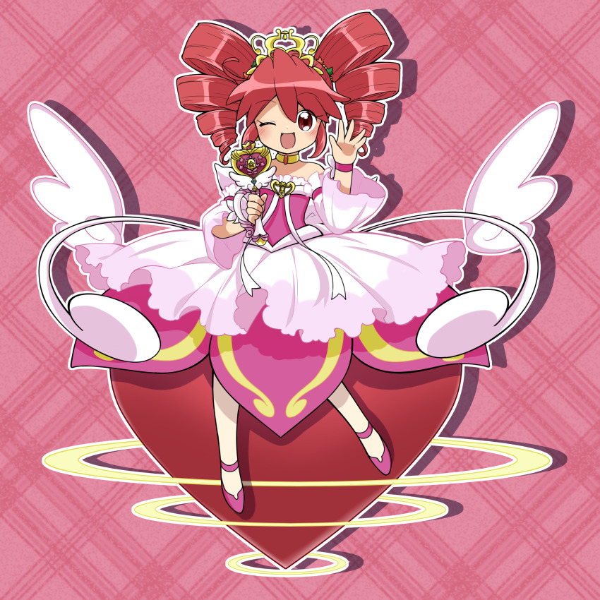 1girl, ;d, absurdres, angel_wings_(illusion), back_bow, bare_shoulders, blush, bow