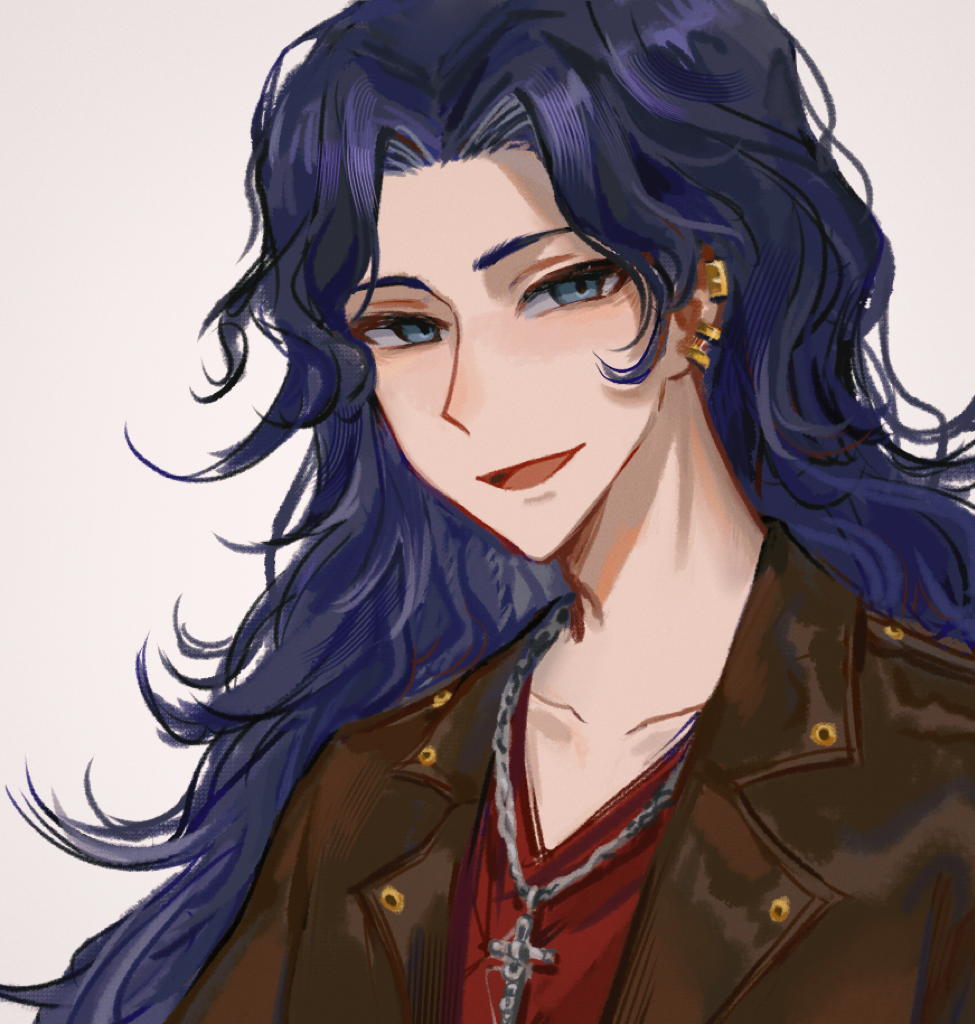 1boy, blue_eyes, blue_hair, brown_jacket, chain, chain_necklace, commentary, cross