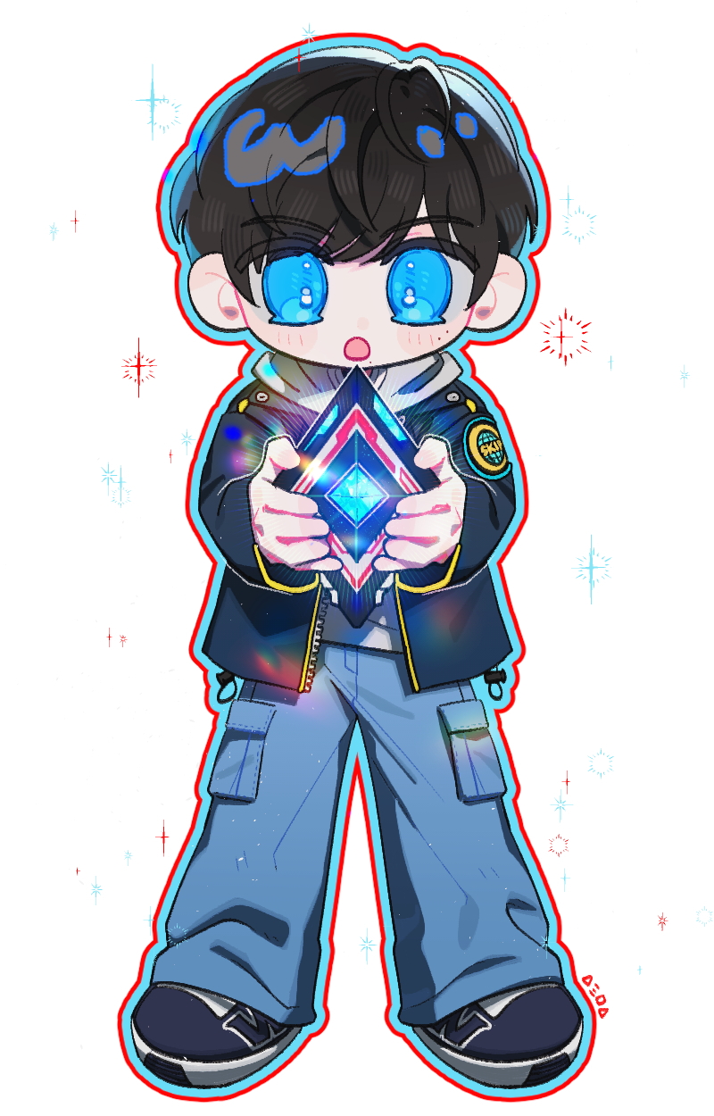 1boy, :o, arc_ariser, arc_cube, black_hair, black_jacket, black_shoes, blue_eyes