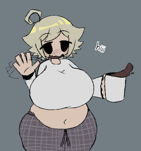 1girl, ahoge, belly, black_eyes, blonde_hair, blush, breasts, coffee, cowboy_shot, crop_top, cup, english_text, fat, fat_woman, grey_background, holding, holding_cup, huge_breasts, long_sleeves, looking_at_viewer, midriff, mug, navel, no_nose, open_mouth, pants, plump, shirt, short_hair, simple_background, smile, solo, spilling, standing, sweatpants, tacoman, thick_thighs, thighs, urotsuki, waving, white_shirt, wide_hips, yume_2kki