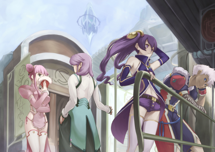 2boys, 2girls, aoto_(ar_tonelico), ar_tonelico, ar_tonelico_iii, armor, belt, blue_eyes