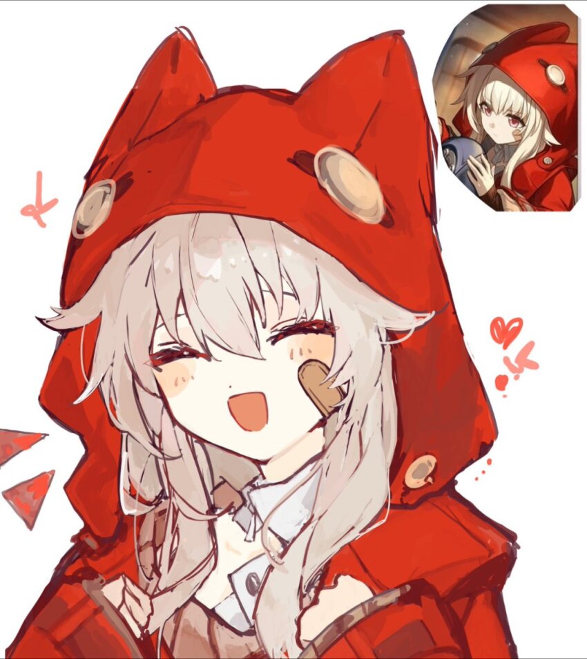 1girl, :d, animal_ears, animal_hood, bandage_on_face, bandages, clara_(honkai:_star_rail), closed_eyes, coat, detached_collar, fake_animal_ears, hair_between_eyes, heart, honkai:_star_rail, honkai_(series), hood, hood_up, light_blush, long_sleeves, nonoko_(nocnnc_0228), open_mouth, red_coat, reference_inset, smile, solo, white_background, white_hair