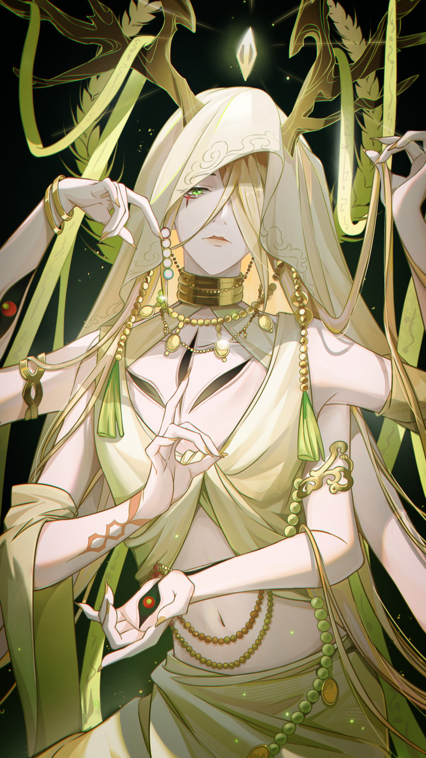 1other, absurdres, antlers, arm_tattoo, cape, crop_top, facial_mark, gold_choker