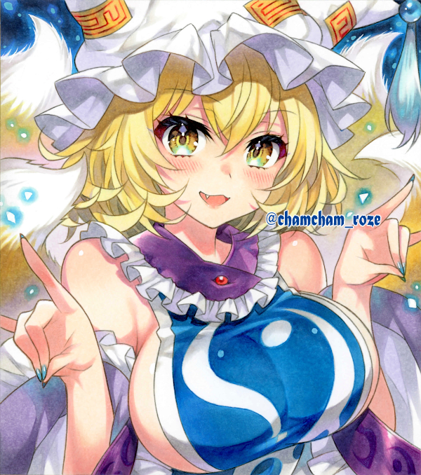 1girl, blonde_hair, blue_nails, blue_tabard, blush, breasts, chacham, commentary_request