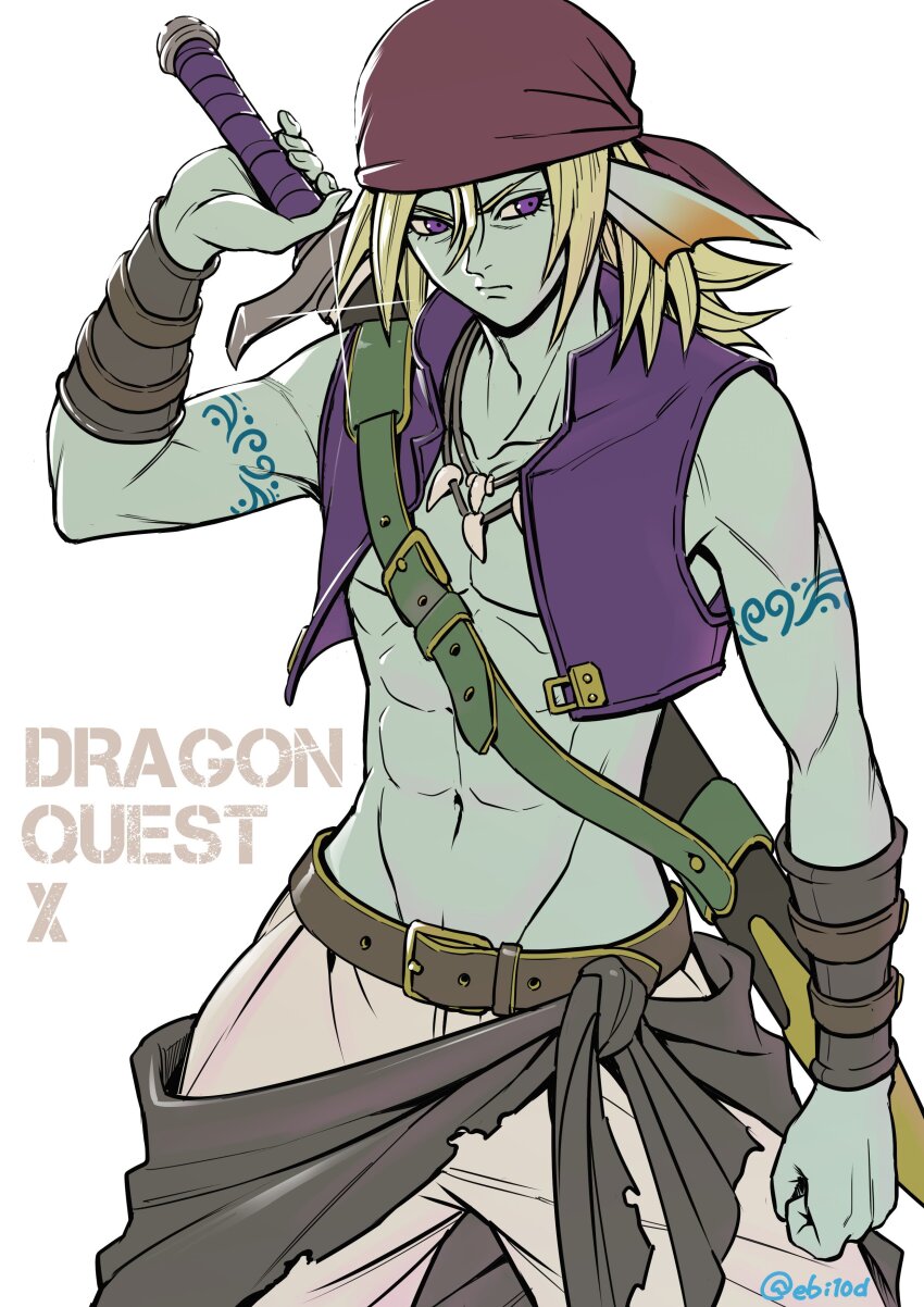 1boy, abs, absurdres, aqua_skin, arm_tattoo, bandana, belt, black_sash