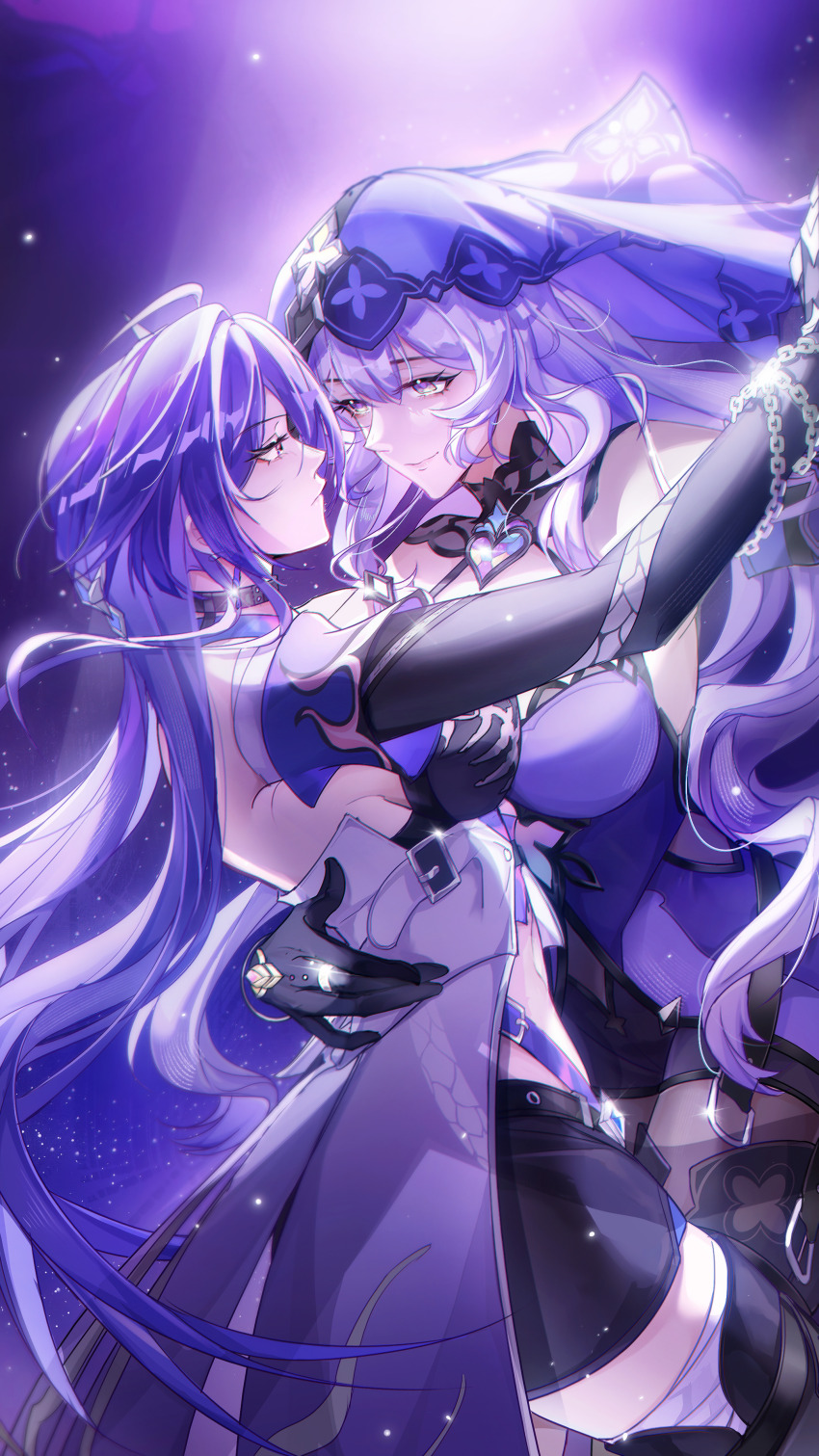 2girls, absurdres, acheron_(honkai:_star_rail), black_choker, black_shorts, black_sleeves, black_swan_(honkai:_star_rail), breasts