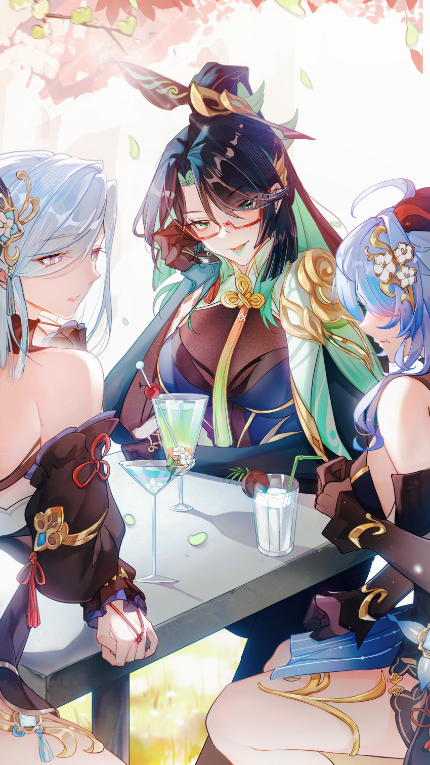 3girls, absurdres, aqua_eyes, aqua_hair, bare_shoulders, black_hair, blue_hair, blush, bodysuit, breasts, brown_gloves, brown_sleeves, cherry, closed_mouth, coconut, colored_inner_hair, detached_sleeves, drinking_straw, earrings, flower, food, fruit, ganyu_(genshin_impact), ganyu_(twilight_blossom)_(genshin_impact), genshin_impact, glass, glasses, gloves, goat_horns, hair_between_eyes, hair_ornament, highres, horns, jewelry, lips, long_hair, looking_at_viewer, low-tied_long_hair, medium_breasts, multicolored_hair, multiple_girls, open_mouth, red-framed_eyewear, semi-rimless_eyewear, shenhe_(frostflower_dew)_(genshin_impact), shenhe_(genshin_impact), shenjudongmandabanban, smile, two-tone_hair, very_long_hair, white_hair, xianyun_(genshin_impact)