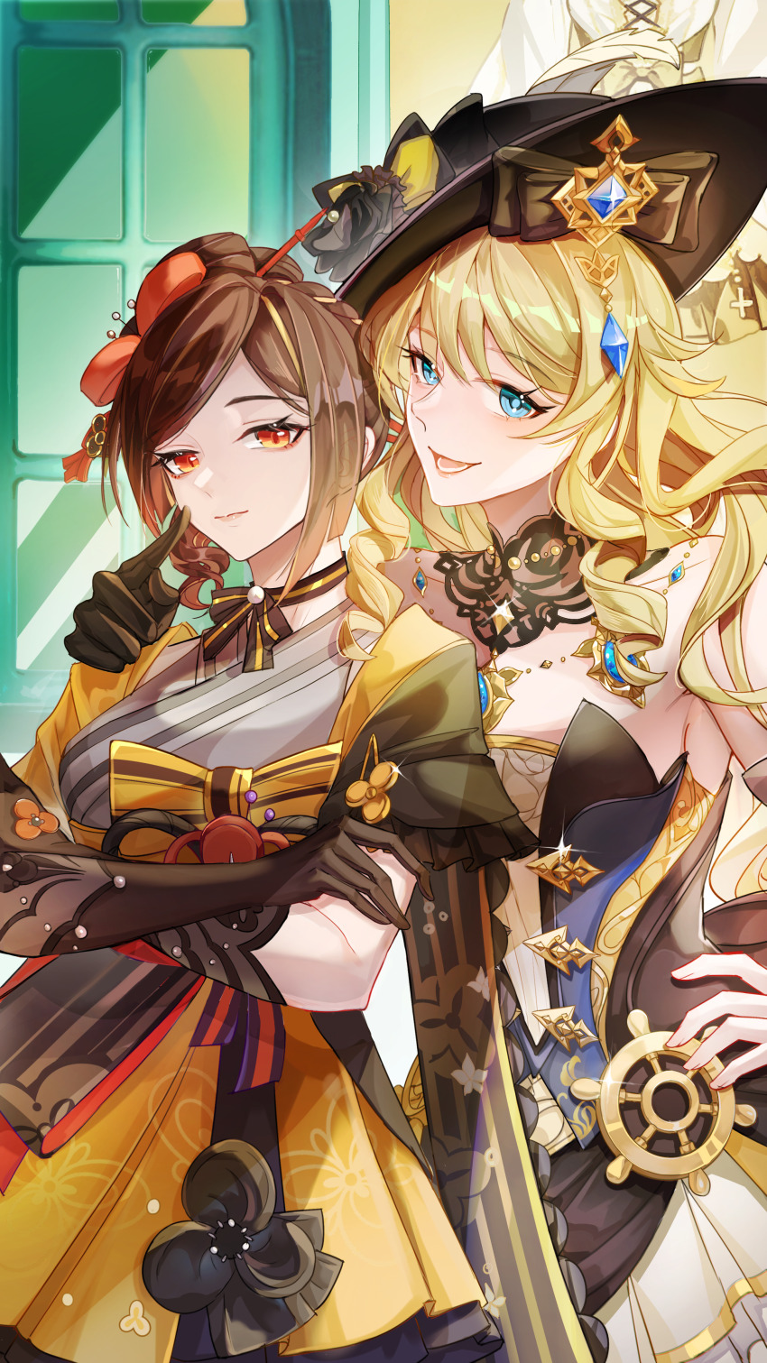 2girls, absurdres, asymmetrical_sidelocks, black_gloves, black_hat, blonde_hair, blue_eyes, blue_gem, breasts, brown_gloves, brown_hair, brown_sleeves, chiori_(genshin_impact), closed_mouth, detached_sleeves, drill_hair, drill_ponytail, drill_sidelocks, flower, forehead, gem, genshin_impact, gloves, grey_kimono, hair_between_eyes, hair_ornament, hat, hat_feather, hat_flower, highres, japanese_clothes, jewelry, kimono, lace-trimmed_collar, lace_trim, long_hair, looking_at_viewer, medium_breasts, multicolored_hair, multiple_girls, navia_(genshin_impact), open_mouth, orange_eyes, pantyhose, red_sash, rose, sash, shenjudongmandabanban, ship's_wheel_ornament, short_kimono, short_sleeves, sidelocks, skirt, smile, thighhighs, thighhighs_over_pantyhose, uraku_misugiri_(genshin_impact), very_long_hair, yellow_flower, yellow_kimono, yellow_rose, yellow_skirt, yuri