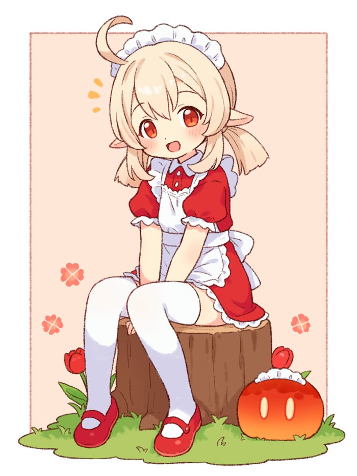 1girl, :d, ahoge, alternate_costume, apron, blonde_hair, blush, border, commentary_request, dress, enmaided, flower, frilled_apron, frilled_hairband, frills, full_body, genshin_impact, hair_between_eyes, hairband, klee_(genshin_impact), long_hair, looking_at_viewer, maid, maid_headdress, mary_janes, notice_lines, onyhakase, open_mouth, pointy_ears, pyro_slime_(genshin_impact), red_background, red_dress, red_eyes, red_flower, red_shoes, shoes, sitting, on_tree_stump, slime_(genshin_impact), smile, solo, thighhighs, white_apron, white_border, white_hairband, white_thighhighs
