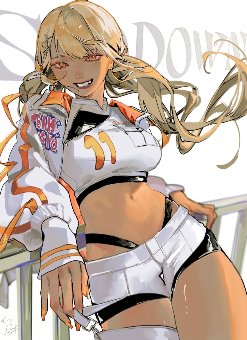 1girl, absurdres, against_railing, blonde_hair, breasts, commentary_request, cowboy_shot, cropped_jacket