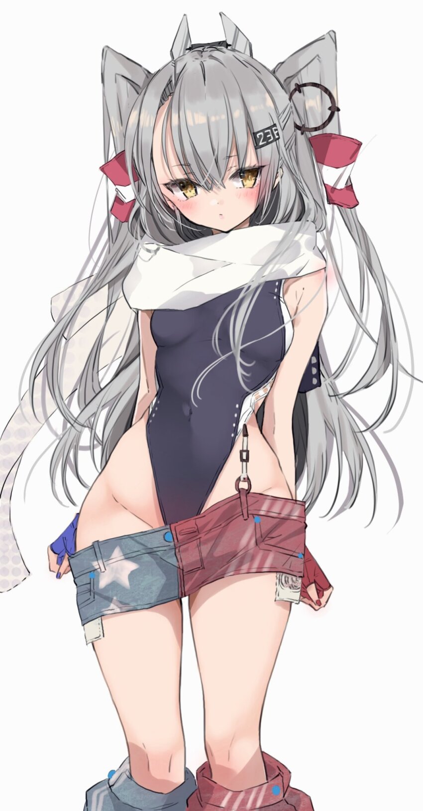 1girl, amatsukaze_(kancolle), black_one-piece_swimsuit, blue_gloves, blue_nails, blush, breasts, chigasaki_yukari