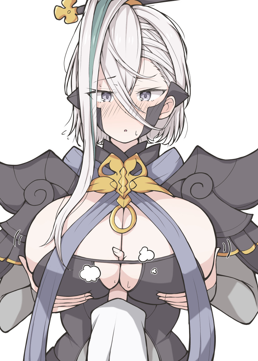 1girl, 1other, absurdres, arm_between_breasts, armor, azuki_(ne_4zk), between_breasts, breastplate