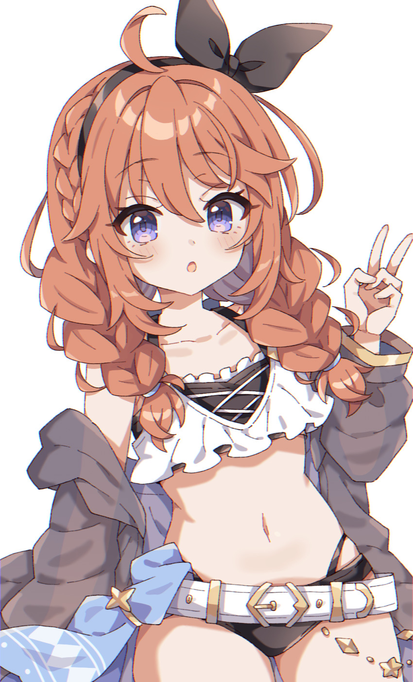 1girl, :o, ahoge, belt, bikini, black_bikini, black_hairband, blush