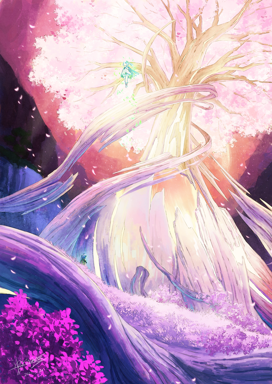 2girls, cape, commentary_request, dated, dress, falling_petals, floating, genshin_impact