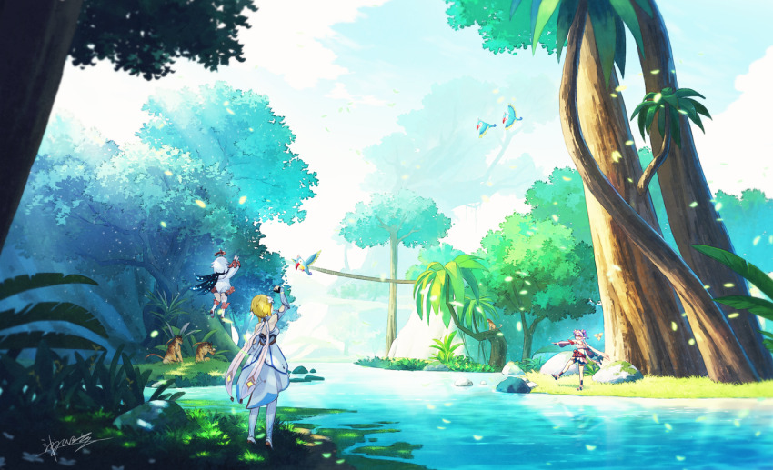 3girls, arm_up, artist_name, benben_(genshin_impact), bird, black_cape, black_gloves, blonde_hair