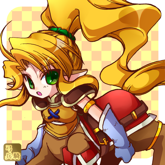 1girl, :o, animal_ears, armlet, artist_logo, belt, blonde_hair, blue_gloves