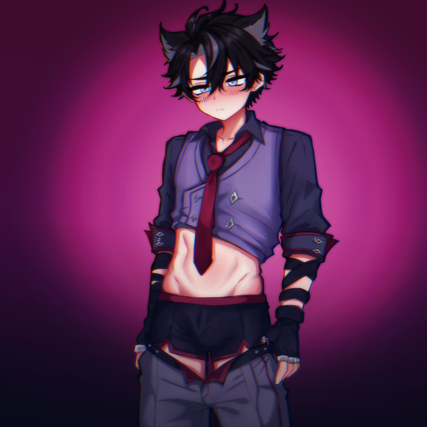 1boy, absurdres, animal_ears, bandages, black_hair, dog_ears, drintrava, erection