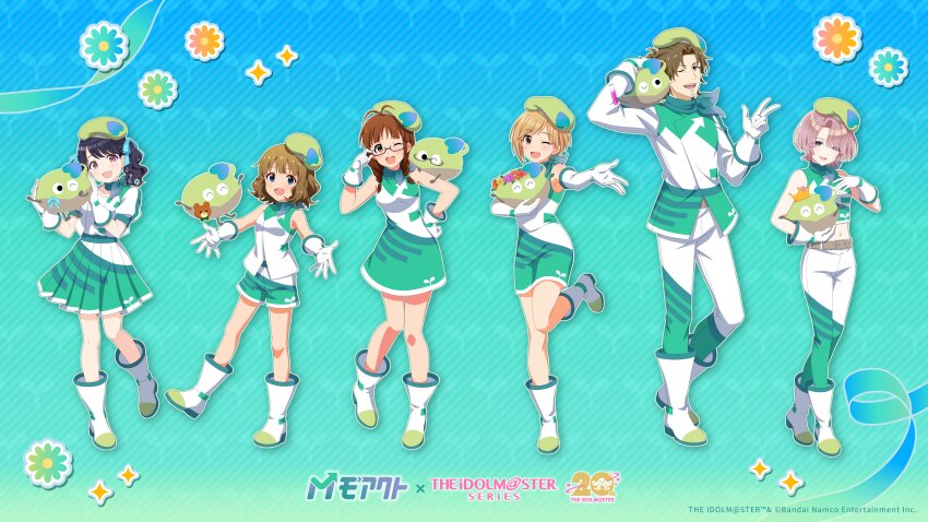 1boy, 5girls, :d, absurdres, aiba_yumi, akizuki_ritsuko, arimura_mao, artist_request, belt, black_hair, blonde_hair, blue_ribbon, blush, boots, braid, brown_eyes, brown_hair, commentary_request, company_name, copyright_name, copyright_notice, cropped_shirt, dress, elbow_gloves, facial_hair, fangs, flower_symbol, fukumaru_koito, full_body, gakuen_idolmaster, glasses, gloves, goatee, green_hat, hair_ribbon, hat, highres, holding, idolmaster, idolmaster_(classic), idolmaster_cinderella_girls, idolmaster_million_live!, idolmaster_shiny_colors, idolmaster_side-m, long_sleeves, looking_at_viewer, mascot, midriff, multiple_girls, navel, official_art, one_eye_closed, open_mouth, pants, pink_hair, pleated_skirt, promotional_art, purple_eyes, ribbon, semi-rimless_eyewear, shirt, short_hair, short_sleeves, shorts, skin_fangs, skirt, sleeveless, sleeveless_shirt, smile, standing, suou_momoko, teeth, twin_braids, twintails, under-rim_eyewear, upper_teeth_only, white_boots, white_gloves, yamashita_jiro