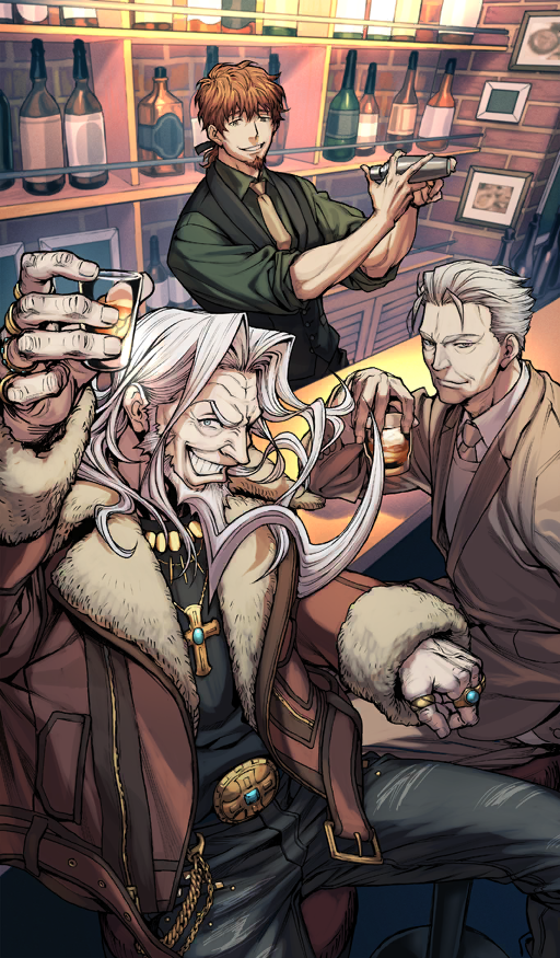 3boys, alcohol, bar_(place), bar_stool, bartender, beard, belt, black_ribbon