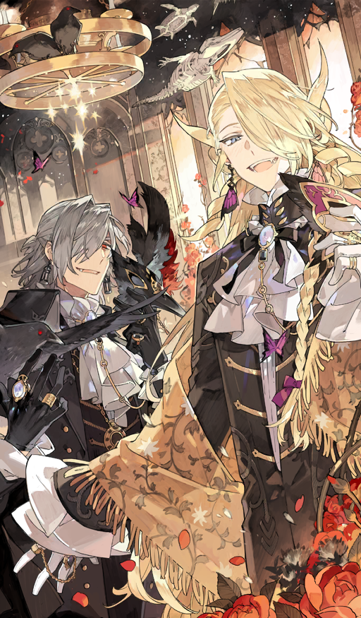 2boys, animal_skeleton, antonio_salieri_(fate), antonio_salieri_(masquerade_of_the_vampire)_(fate), ascot, bird, black_cloak, black_feathers