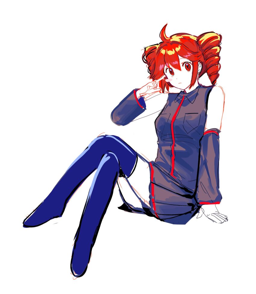 1girl, 88_77k, ahoge, bare_shoulders, boots, commentary, detached_sleeves, drill_hair