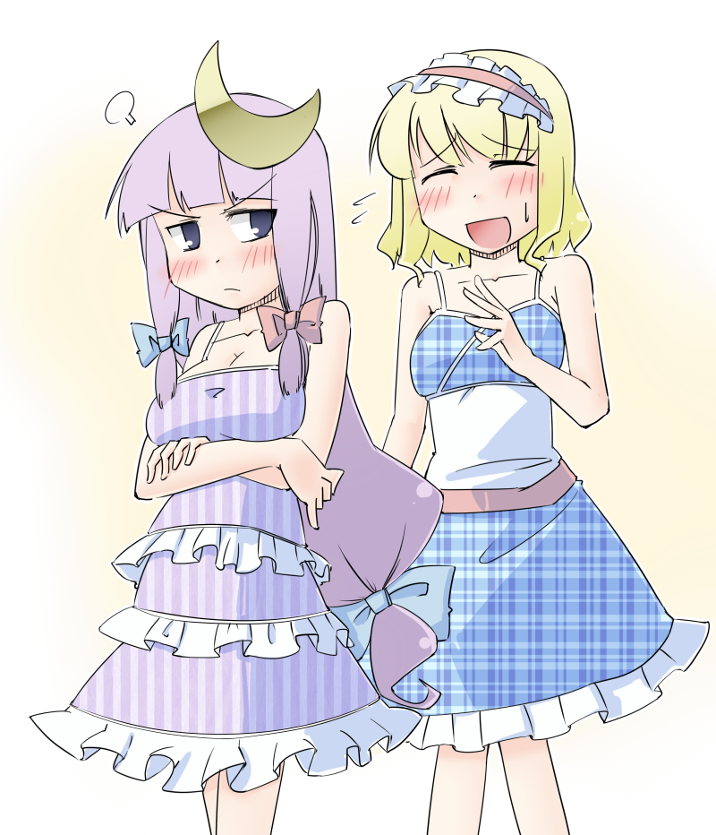 2girls, :d, alice_margatroid, alternate_costume, arnest, bare_shoulders, blonde_hair, blue_eyes