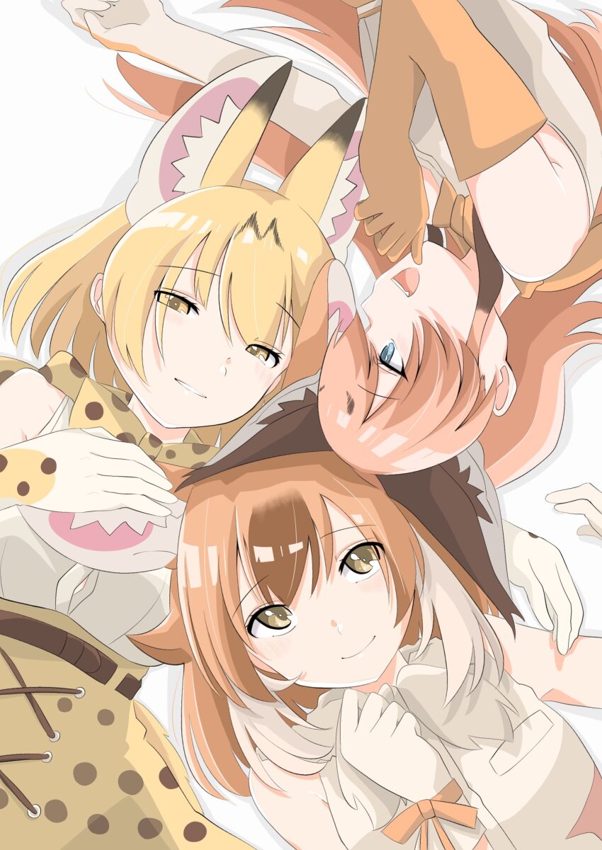 3girls, animal_ears, belt, blonde_hair, blue_eyes, bow, bowtie, brown_hair, caracal_(kemono_friends), cat_ears, cat_girl, dhole_(kemono_friends), elbow_gloves, extra_ears, gloves, highres, kamisamanosaba, kemono_friends, long_hair, looking_at_viewer, multiple_girls, orange_hair, ribbon, serval_(kemono_friends), shirt, simple_background, skirt, sleeveless, sleeveless_shirt, wolf_ears, wolf_girl, yellow_eyes