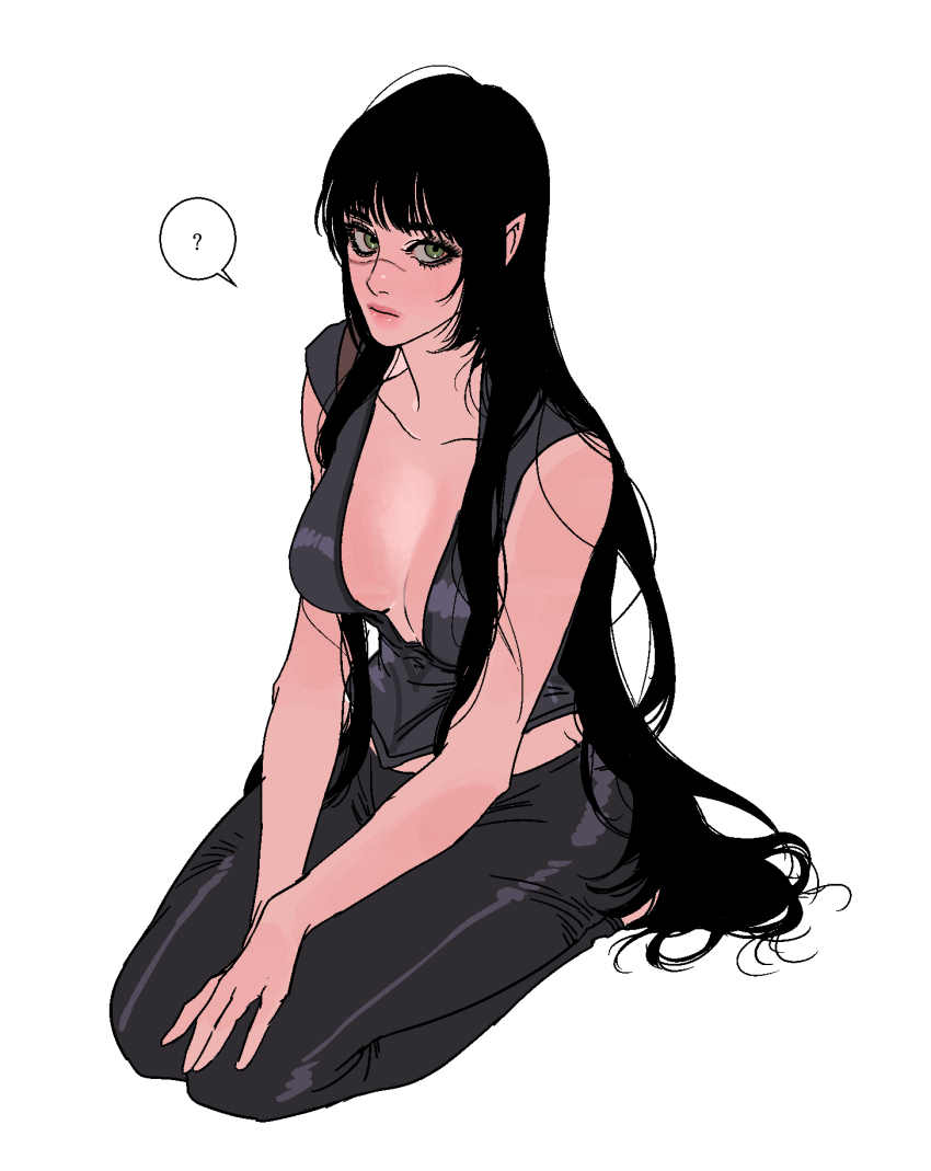 1girl, ?, alternate_hairstyle, baldur's_gate, baldur's_gate_3, black_hair, black_pants, breasts, cleavage, commentary_request, dungeons_&amp;_dragons, elf, green_eyes, highres, korean_commentary, lips, long_hair, medium_breasts, pants, pink_lips, pinkteest, pointy_ears, scar, scar_on_face, shadowheart_(baldur's_gate), shirt, simple_background, sitting, sleeveless, sleeveless_shirt, very_long_hair, white_background