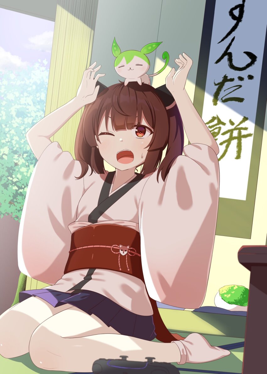 1girl, :3, ankle_socks, arms_up, blue_skirt, blunt_bangs, brown_hair, chaakusu