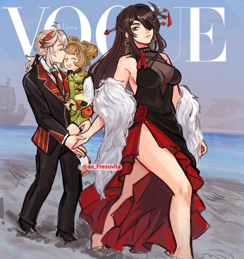 1boy, 2girls, ^_^, aa_fresuvita, alternate_costume, antenna_hair, bare_shoulders, beach