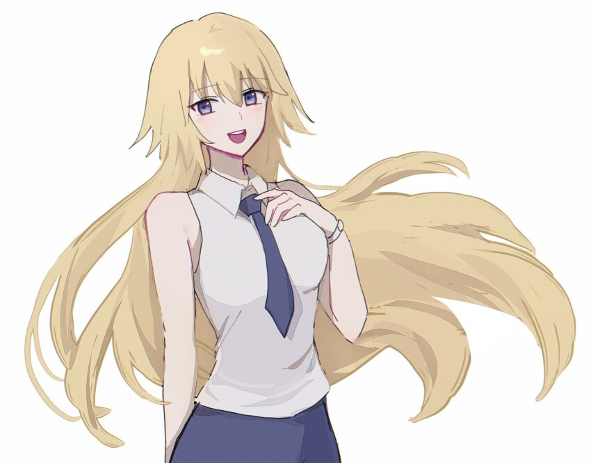 1girl, alternate_hairstyle, blue_skirt, collared_shirt, fate/apocrypha, fate_(series), hair_between_eyes, highres, jeanne_d'arc_(fate), jeanne_d'arc_(girl_from_orleans)_(fate), jeanne_d'arc_(ruler)_(fate), looking_at_viewer, necktie, nekwnek, official_alternate_costume, open_mouth, purple_eyes, purple_necktie, shirt, simple_background, skirt, sleeveless, sleeveless_shirt, smile, solo, teeth, upper_teeth_only, white_background, white_shirt