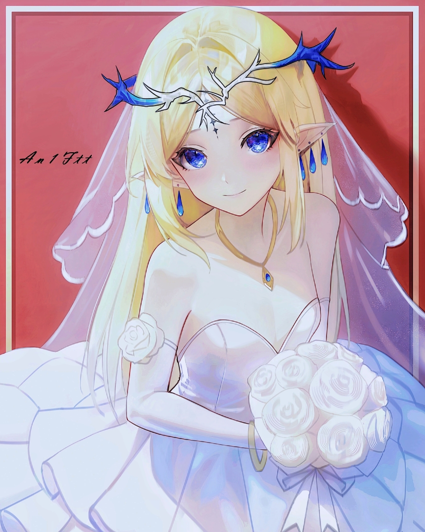 1girl, absurdres, bare_shoulders, blonde_hair, blue_eyes, bouquet, breasts, cartethyia_(wuthering_waves)