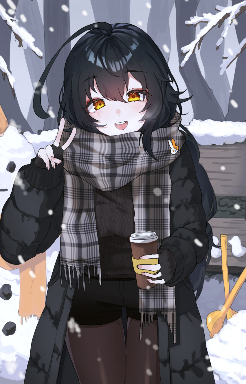 1girl, ahoge, alternate_costume, ara_haan, asdff9919, bench, black_coat, black_gloves, black_hair, black_shorts, breath, brown_pantyhose, brown_sweater, coat, commentary, contemporary, cup, disposable_coffee_cup, disposable_cup, elsword, fingerless_gloves, fingernails, gloves, grey_scarf, hair_between_eyes, highres, holding, holding_cup, huge_ahoge, long_hair, long_sleeves, looking_at_viewer, open_clothes, open_coat, open_mouth, orange_eyes, outdoors, pantyhose, plaid_clothes, plaid_scarf, scarf, shorts, smile, snow, snowing, snowman, solo, sweater, v, winter_clothes, winter_coat