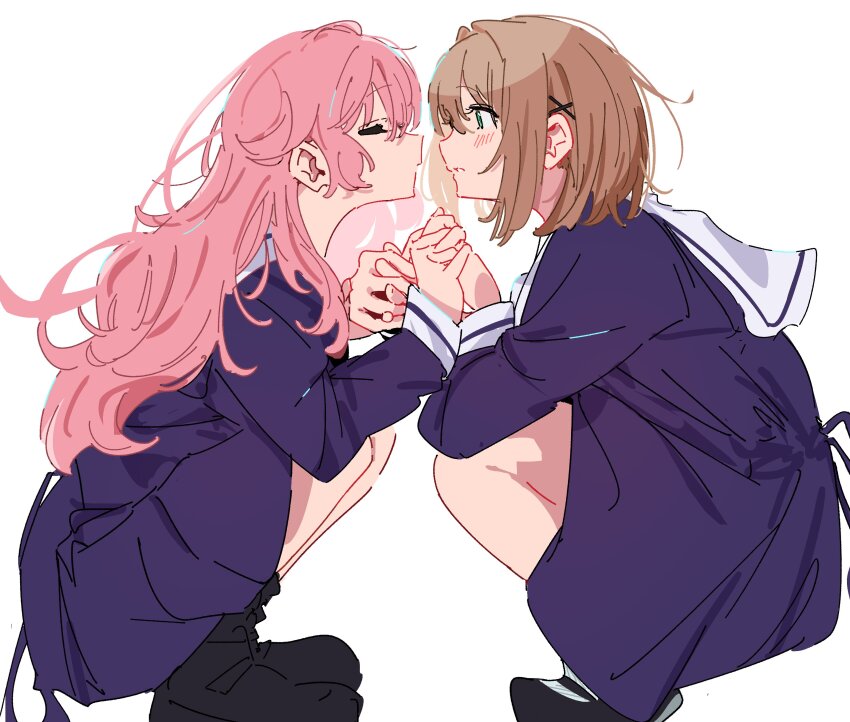 2girls, absurdres, atenaba, black_shoes, blue_dress, brown_hair, closed_eyes, dress