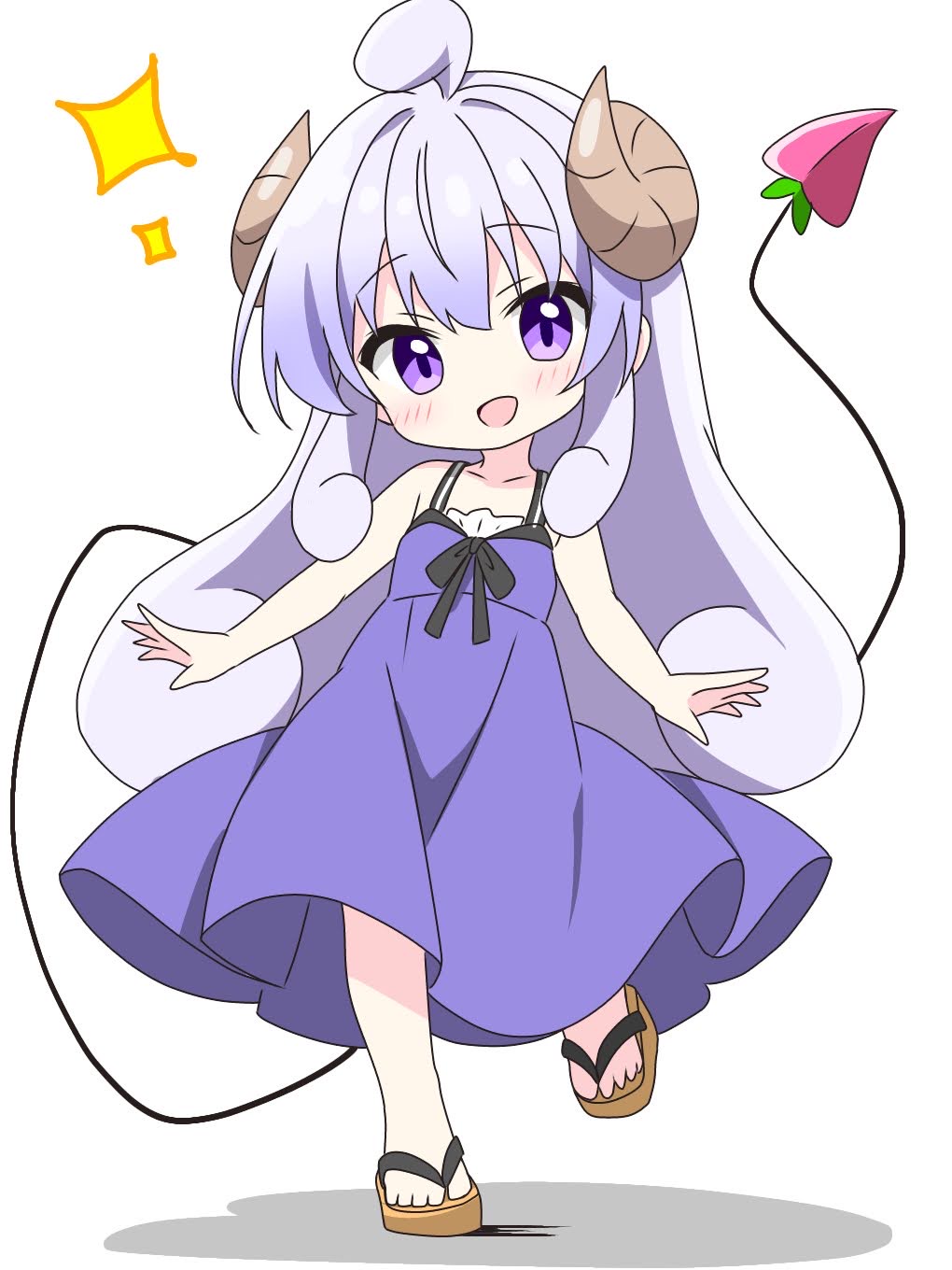 1girl, :d, ahoge, bare_arms, blush, brown_horns, brown_sandals, commentary_request