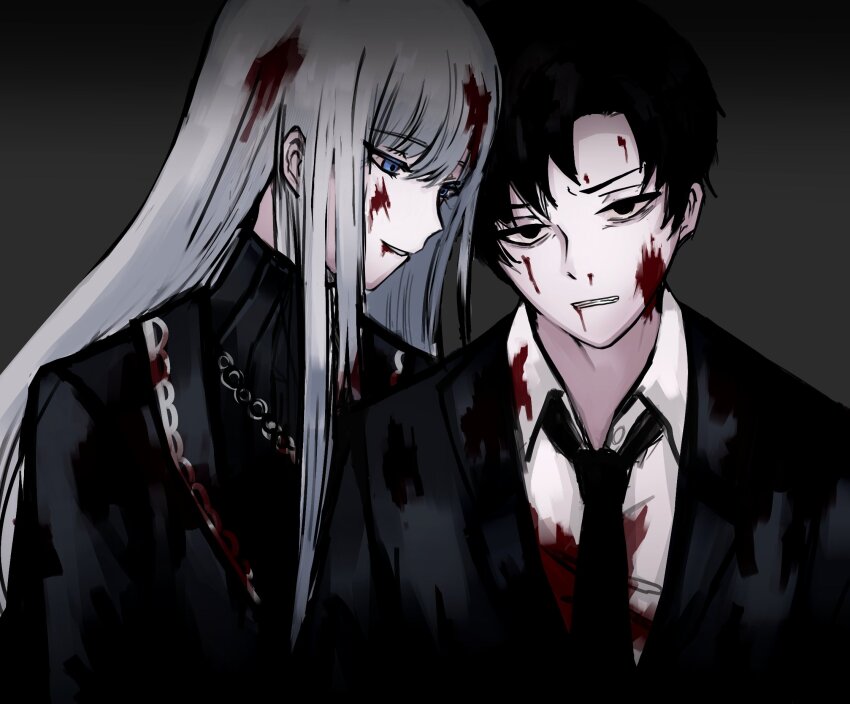 1boy, 1girl, angelica_(project_moon), black_eyes, black_hair, black_necktie, black_sweater, clenched_teeth, collared_shirt, highres, husband_and_wife, irerainy10, library_of_ruina, long_hair, necktie, open_mouth, parted_bangs, project_moon, roland_(project_moon), shirt, smile, sweater, teeth, upper_body, very_long_hair, white_hair, white_shirt