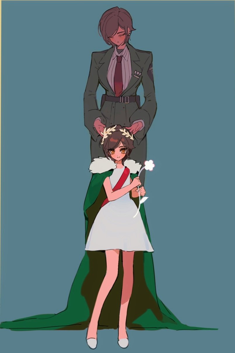 1girl, age_progression, blue_background, brown_eyes, brown_hair, cape, coat, collared_shirt