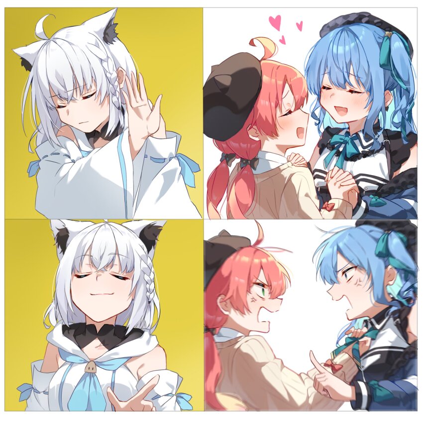 3girls, ahoge, anger_vein, angry, animal_ear_fluff, animal_ears, beanie, blue_hair, blue_neckerchief, braid, drakeposting_(meme), fox_ears, fox_girl, fox_tail, green_eyes, hat, heart, high_side_ponytail, highres, holding_hands, hololive, hood, hoodie, hoshimachi_suisei, jacket, meme, multiple_girls, neckerchief, nori3535_wakam, pink_hair, pointing, sakura_miko, shirakami_fubuki, shirakami_fubuki_(1st_costume), side_ponytail, single_braid, sweater, tail, twintails, virtual_youtuber, white_hair, white_hoodie, yuri