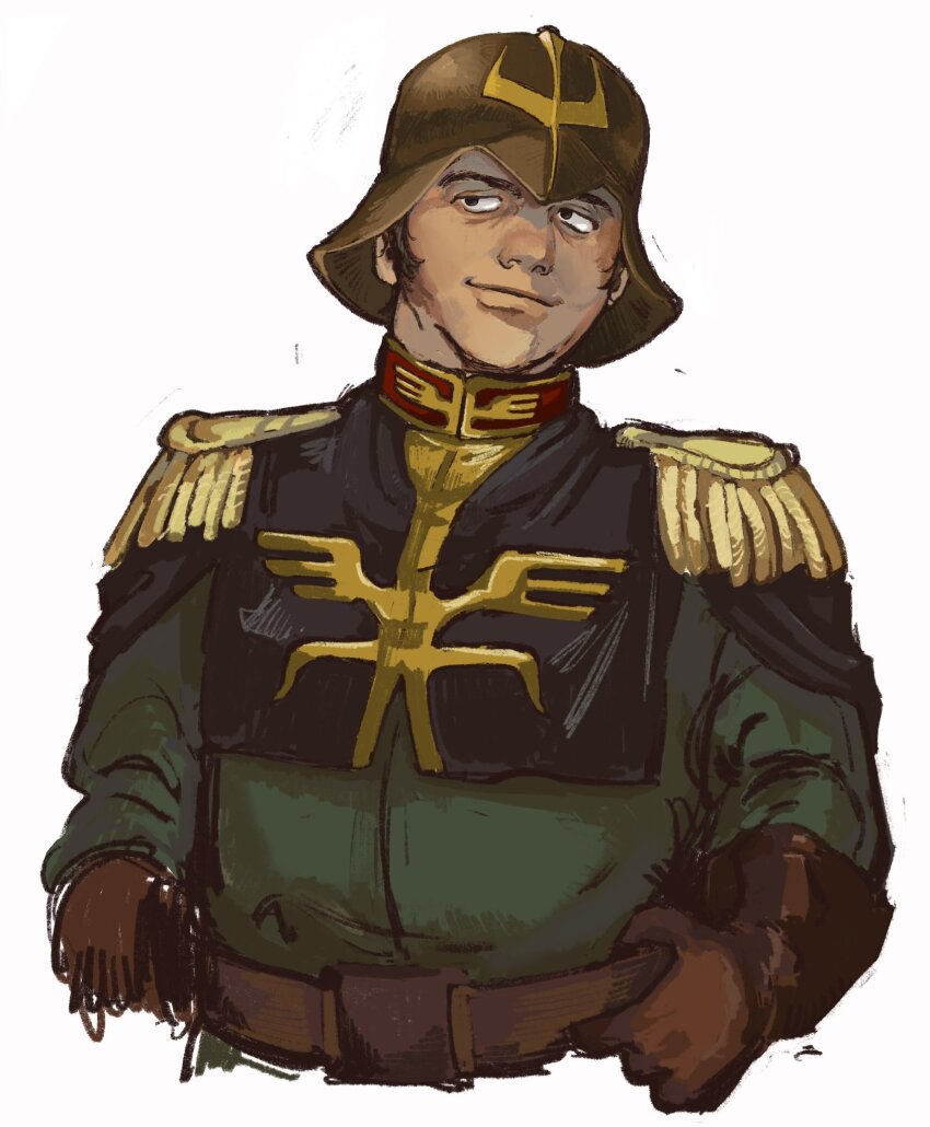 1boy, belt, black_eyes, black_hair, dren_(gundam), epaulettes, gloves, green_jacket, gundam, gundam_gquuuuuux, hamadajjrw, helmet, high_collar, highres, jacket, looking_to_the_side, male_focus, military_jacket, military_uniform, mobile_suit_gundam, simple_background, smile, solo, white_background