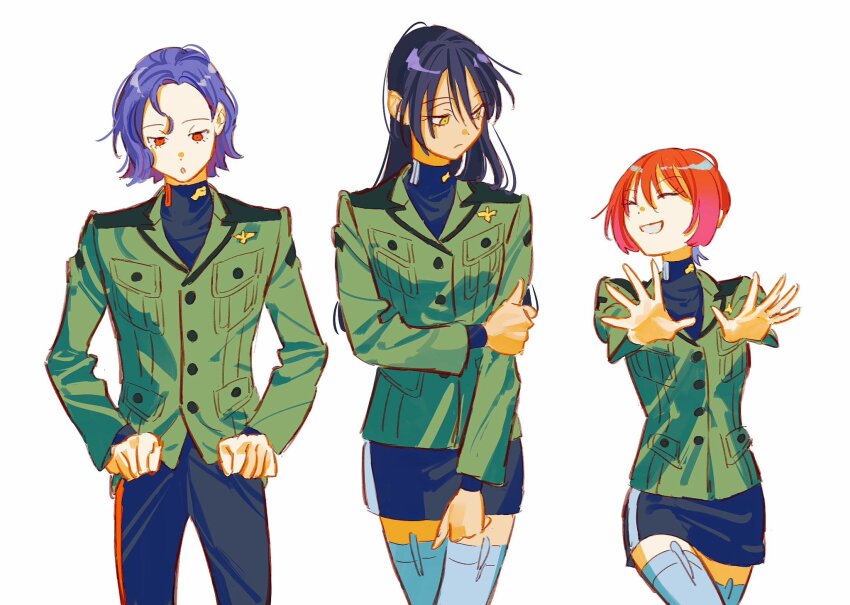 1boy, 2girls, amate_yuzuriha, aqua_eyes, black_hair, blue_hair, closed_eyes, colored_inner_hair