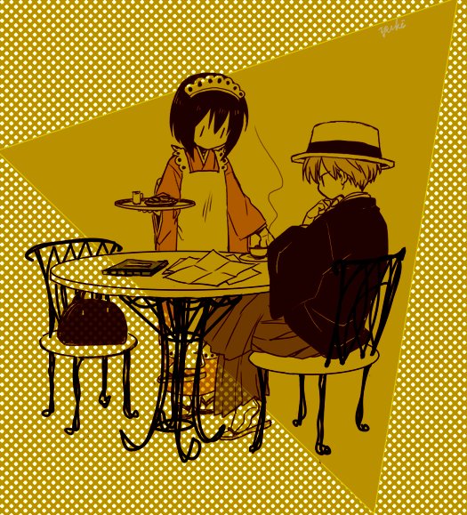 1boy, 1girl, apron, artist_name, bag, black_hair, black_haori, boater_hat