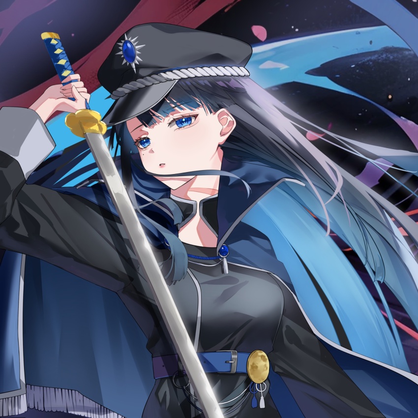 1girl, belt, black_dress, black_hair, black_hat, blue_belt, blue_cape, blue_eyes