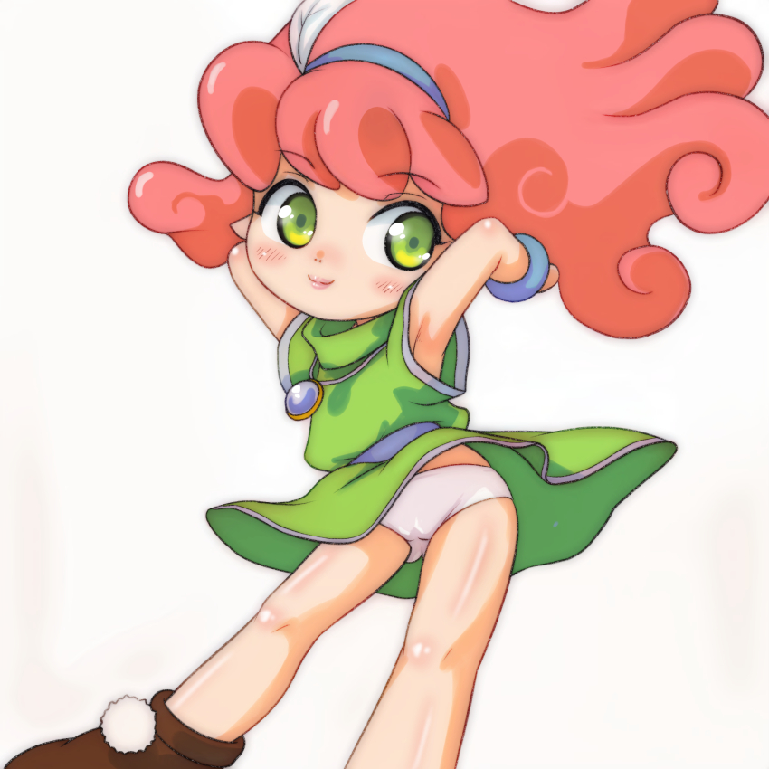 1girl, arms_behind_head, arms_up, blush, bracelet, brown_shoes, dress, feather_hair_ornament