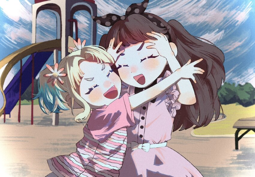 2girls, :d, bench, brown_hair, cheek-to-cheek, cheek_press, collared_dress, commentary_request