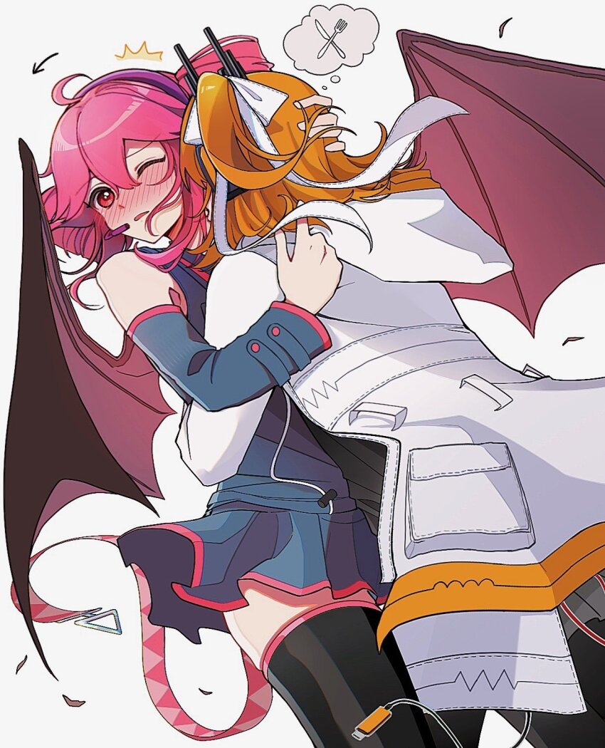 2girls, a.i._voice, adachi_rei, ahoge, bare_shoulders, bat_wings, belt, black_pantyhose