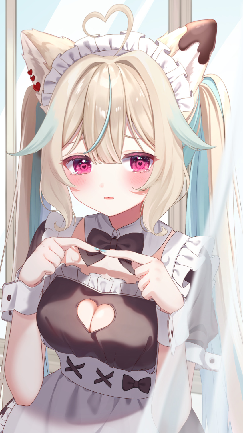 1girl, ahoge, amakami_konomi, amakami_konomi_(artist), animal_ears, apron, aqua_hair, aqua_nails