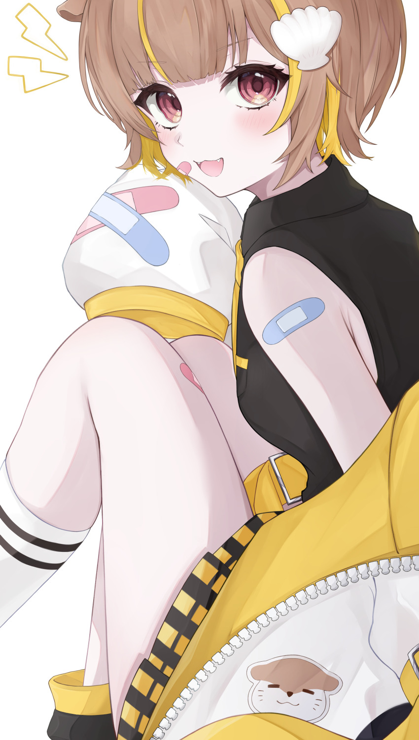 1girl, :3, absurdres, bandaid, bandaid_on_cheek, bandaid_on_face, bandaid_on_shoulder, black_shirt