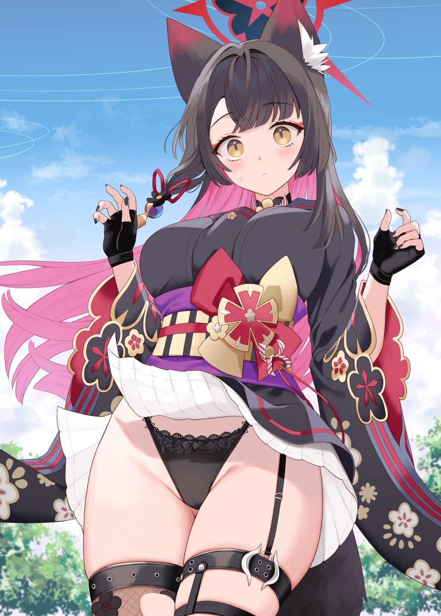 1girl, accidental_exposure, animal_ear_fluff, animal_ears, black_gloves, black_panties, black_shirt, black_thighhighs