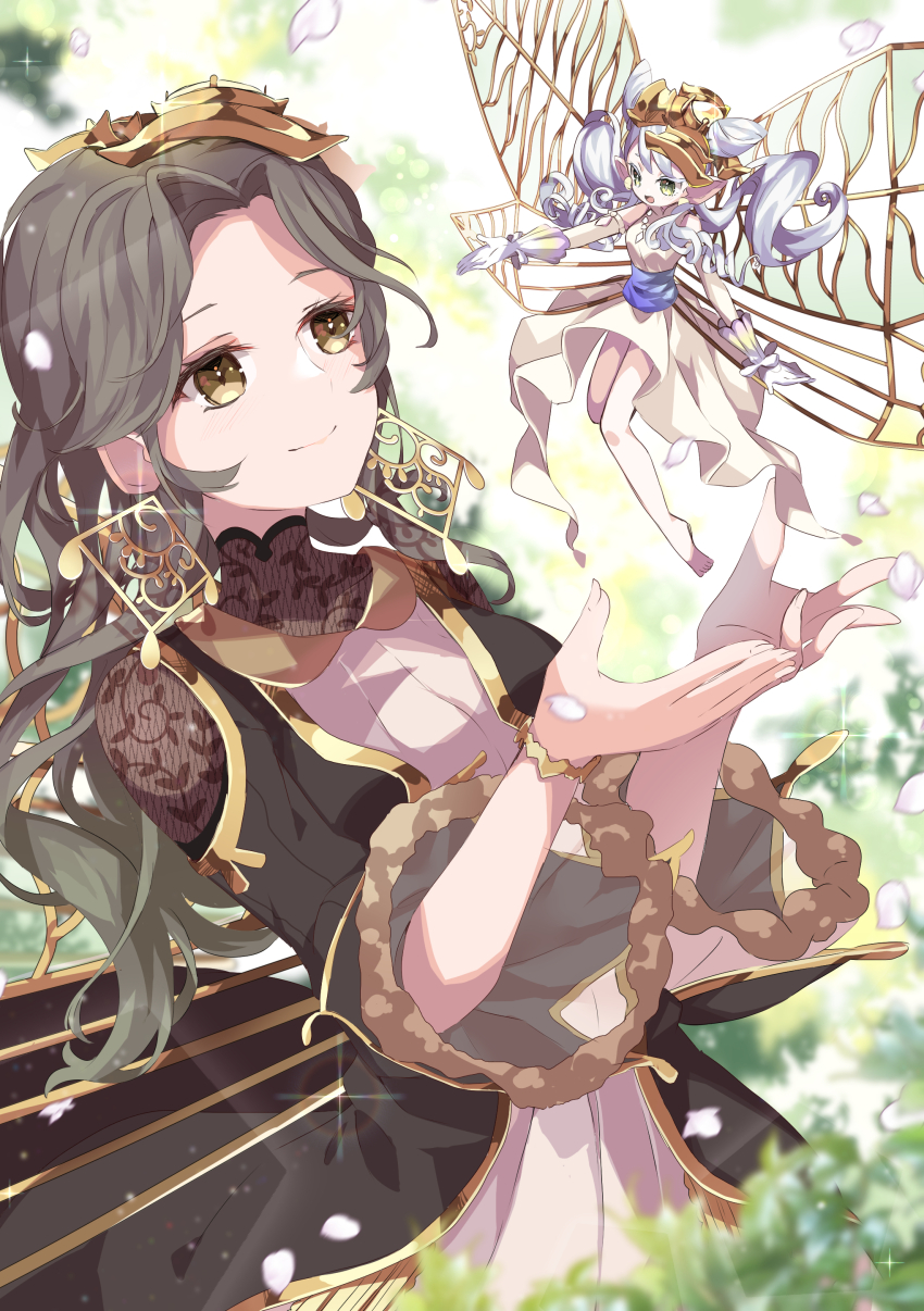 2girls, absurdres, aromage_marjoram, aromaseraphy_angelica, bare_legs, barefoot, blue_eyes, blue_ribbon, brown_dress, brown_eyes, brown_hair, bush, dappled_sunlight, dress, duel_monster, facing_to_the_side, fairy, fairy_wings, flying, gloves, gold_trim, hair_ornament, hands_up, highres, large_earrings, leaf, light_particles, looking_at_another, multiple_girls, open_hands, outdoors, outstretched_arms, pink_trim, ribbon, sunlight, twintails, white_dress, white_gloves, white_hair, winegrapeivy, wings, yu-gi-oh!